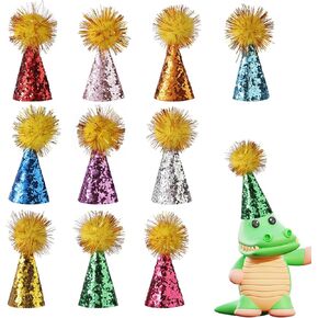 10pcs Mini Party Hats for Stuffed Animals, Colorful Dog Cat Small Birthday Hat Tiny Cone Hats with Glitter Pom Poms for Toy Figures Dinosaurs Crafts Kids Party Decorations Costume Accessories