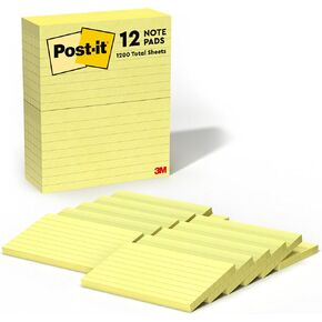 Post-it Notes, 3 in x 5 in, 12 Lined Sticky Notes Pads, 100 Sheets per Pad, Canary Yellow, The Original Post-it Note, School Supplies and Oﬃce Products