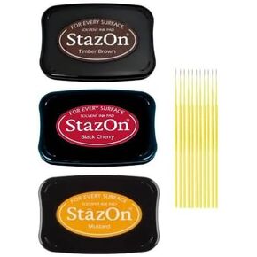 StazOn Multi-Surface Solvent Ink Pad Bundle - 3 Pk StazOn Solvent Ink Pads - Timber Brown, Black Cherry, and Mustard - with Trebbies Detail Sticks