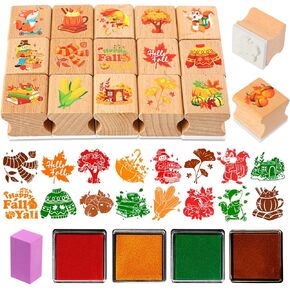 HOWAF 16pcs Fall Stamps Crafts Happy Fall Y'all Maple Leaves Animal Pumpkin Wooden Stamps Ink Pads Set Fall Season Card DIY Painting Scrapbooking Autumn Craft Gifts Activities Party Bag Fillers