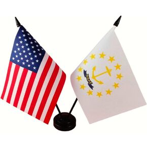 Zigvert America & Rhode Island Twin Desk Flag, US Rhode Island Table Flags, 8 x 5 Inches American & Rhode Island Deluxe Desk Flag Set - Miniature USA & Rhode Island Stick Flag with Flag Stand