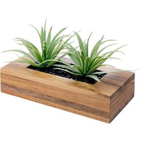 MyGift 15 Inch Large Artificial Green Grass Plants in Premium Acacia Solid Wood Decorative Planter, Tabletop Faux Greenery Decor with Wooden Rectangular Container