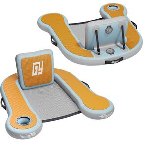 Inflatable Floating Chair for Adults | Pool Lounger Float | Floating Chair for Ocean, Lake, Pool, Boat | 20°-80°Adjustable Backrest & Cup Holder | 12mm Eva Soft Foam | Mesh Seat Surface | 2-Pack