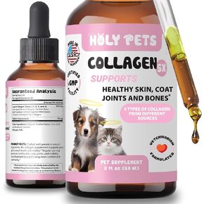 Liquid Collagen for Dogs & Cats – 5 Types I, II, III, V, X – Joint, Skin & Coat Support – Hyaluronic Acid – Hydrolyzed Bovine, Fish & Chicken Collagen – 2oz, 30 Servings