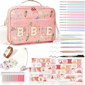 Bible Cover Case For Women Bible Study Supplies Large Capacity Bible Bag with Highlighters Pens Bible Tabs Reading Light NFC Bible Bracelet Bible Study Journaling Kit