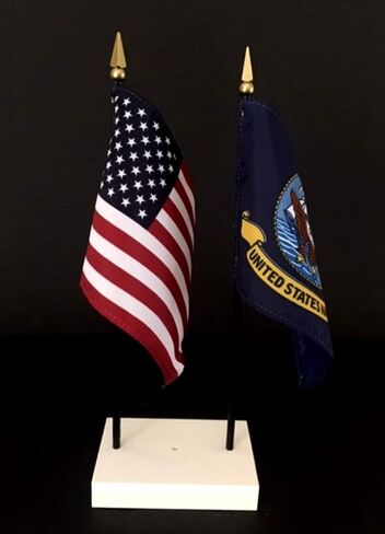 Made in the USA. 1 American and 1 United States Military Rayon 4"x6" Office Desk & Little Table Flag, Includes a 2-hole White ArcticSno Deluxe Flag Base & 2 Small 4"x6" Mini Stick Flags (Marine Corps) in Saudi Arabia