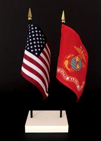 Made in the USA. 1 American and 1 United States Military Rayon 4"x6" Office Desk & Little Table Flag, Includes a 2-hole White ArcticSno Deluxe Flag Base & 2 Small 4"x6" Mini Stick Flags (Marine Corps) in Saudi Arabia