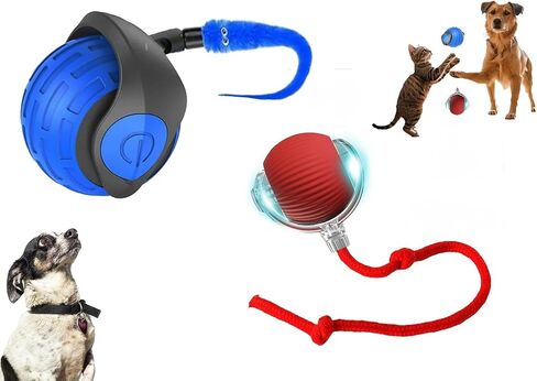 Interactive Cat Ball Toy – Smart Rolling Pet Ball with Obstacle Avoidance, USB Rechargeable, Cord Tail Design – Fun Enrichment Toy for Indoor Cats & Small Dogs (Blue + Red) in Saudi Arabia
