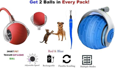 Interactive Cat Ball Toy – Smart Rolling Pet Ball with Obstacle Avoidance, USB Rechargeable, Cord Tail Design – Fun Enrichment Toy for Indoor Cats & Small Dogs (Blue + Red) in Saudi Arabia