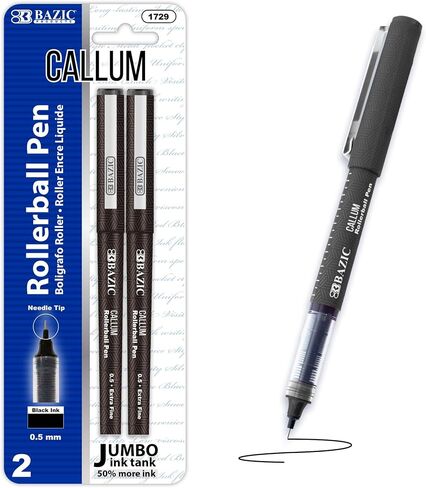BAZIC Callum 0.5mm Rollerball Pen, Black Ink Smooth Flowing Fine Point Ink Pens for Writing Office, Work, Professionals, Teacher (2/Pack), 1-Pack in Saudi Arabia