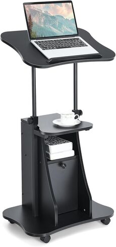 Moccha Lectern Podium Stand, Height Adjustable Sit to Stand Desk w/ 180° Tilting Tabletop, Storage Cabinet, Lockable Casters, Rolling Lectern Cart Laptop Desk for Home, Office, School (Black) in Kuwait