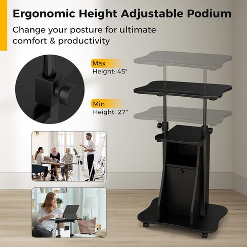 Moccha Lectern Podium Stand, Height Adjustable Sit to Stand Desk w/ 180° Tilting Tabletop, Storage Cabinet, Lockable Casters, Rolling Lectern Cart Laptop Desk for Home, Office, School (Black) in Kuwait