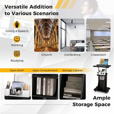 Moccha Lectern Podium Stand, Height Adjustable Sit to Stand Desk w/ 180° Tilting Tabletop, Storage Cabinet, Lockable Casters, Rolling Lectern Cart Laptop Desk for Home, Office, School (Black) in Kuwait