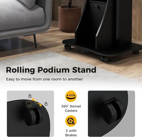 Moccha Lectern Podium Stand, Height Adjustable Sit to Stand Desk w/ 180° Tilting Tabletop, Storage Cabinet, Lockable Casters, Rolling Lectern Cart Laptop Desk for Home, Office, School (Black) in Kuwait