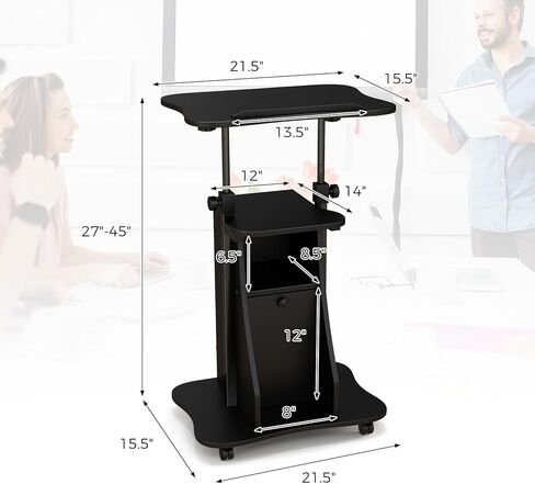 Moccha Lectern Podium Stand, Height Adjustable Sit to Stand Desk w/ 180° Tilting Tabletop, Storage Cabinet, Lockable Casters, Rolling Lectern Cart Laptop Desk for Home, Office, School (Black) in Kuwait
