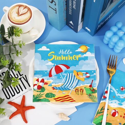 50pcs Summer Beach Party Paper Fackins Hello Summer Disciped Discable Discied Hawaiian Dinner Luncheon Napkins Beach Party Supplies Decorations لقضاء عطلة الصيف ديكور أدوات المائدة العطلة in Saudi Arabia