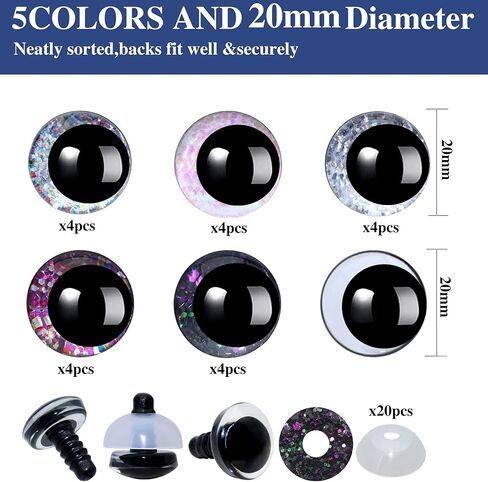 20Pcs 3D Glitter Safety Eyes and Washers for Amigurumi Crochet - Thalinfayi 30mm 5Colors Glitter Moon Eyes Craft Amigurumi Eyes for DIY Making or Replace of Amigurumi, Crafts, Crochet Doll Supplies in Kuwait