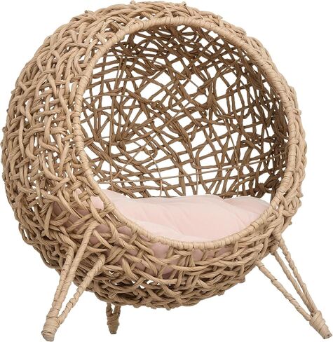 PawHut 20.5" Weaved Cat Bed, Elevated Hand-Woven Braided Banana Leaf Kitten House Condo with Cushion, Natural in Saudi Arabia