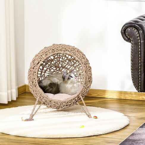 PawHut 20.5" Weaved Cat Bed, Elevated Hand-Woven Braided Banana Leaf Kitten House Condo with Cushion, Natural in Saudi Arabia