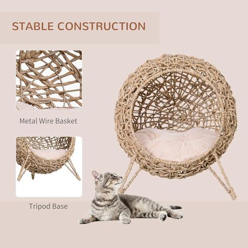 PawHut 20.5" Weaved Cat Bed, Elevated Hand-Woven Braided Banana Leaf Kitten House Condo with Cushion, Natural in Saudi Arabia
