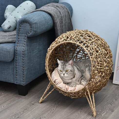 PawHut 20.5" Weaved Cat Bed, Elevated Hand-Woven Braided Banana Leaf Kitten House Condo with Cushion, Natural in Saudi Arabia