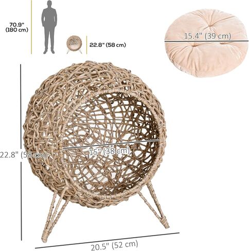 PawHut 20.5" Weaved Cat Bed, Elevated Hand-Woven Braided Banana Leaf Kitten House Condo with Cushion, Natural in Saudi Arabia