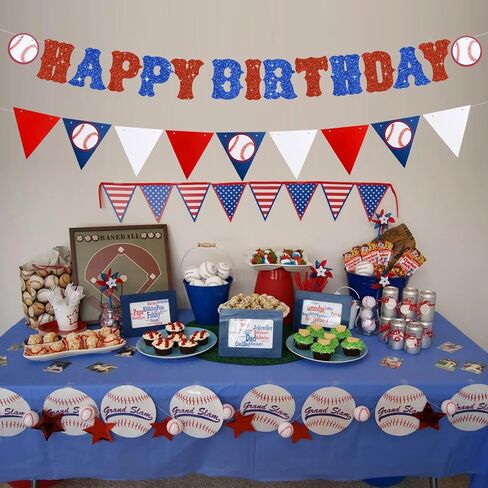 3 Pieces Blue Pre-strung Baseball Banner,No DIY Happy Birthday Backdrop Bunting Sign, Triangle Bunting Pennant Flag Sports Themed Decorations for Baby Shower Boys Birthday Party Supplies in Saudi Arabia