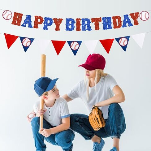 3 Pieces Blue Pre-strung Baseball Banner,No DIY Happy Birthday Backdrop Bunting Sign, Triangle Bunting Pennant Flag Sports Themed Decorations for Baby Shower Boys Birthday Party Supplies in Saudi Arabia