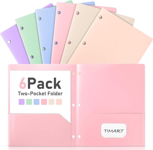Timart Folders with Pockets 3 Hole Punched-6 Pack, 2 Pocket Heavy Duty Plastic Pocket Folders for 3 Ring Binder, Fit Letter Size Paper File Folder for School Office (Pastel) in Saudi Arabia