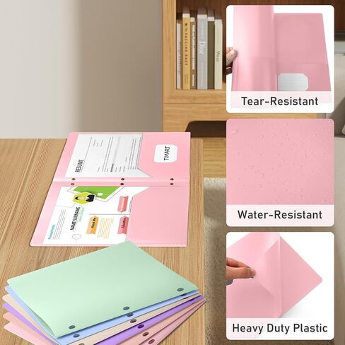 Timart Folders with Pockets 3 Hole Punched-6 Pack, 2 Pocket Heavy Duty Plastic Pocket Folders for 3 Ring Binder, Fit Letter Size Paper File Folder for School Office (Pastel) in Saudi Arabia