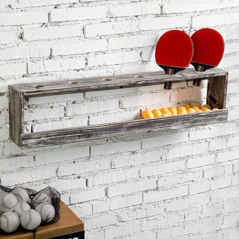 MyGift Wall Mounted Vintage Wood Ping Pong Paddle Table Tennis Racket Display Rack Holder with Ball Holder Storage Shelf in Kuwait