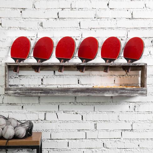 MyGift Wall Mounted Vintage Wood Ping Pong Paddle Table Tennis Racket Display Rack Holder with Ball Holder Storage Shelf in Kuwait