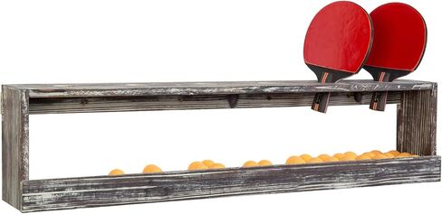 MyGift Wall Mounted Vintage Wood Ping Pong Paddle Table Tennis Racket Display Rack Holder with Ball Holder Storage Shelf in Kuwait