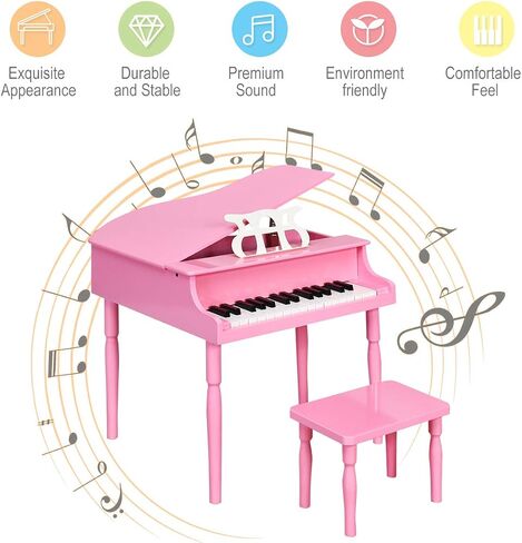 Costzon Classical Kids Piano, 30 Keys Wood Toy Grand Piano with Music Stand and Bench, Mini Musical Toy for Child, Ideal for Children's Room, Toy Room, Best Gifts (Straight Leg, Pink) in Saudi Arabia