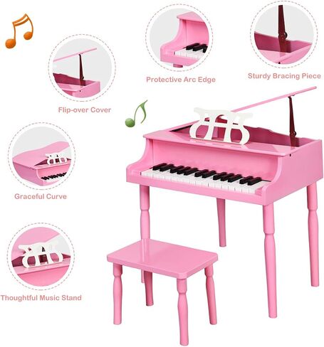 Costzon Classical Kids Piano, 30 Keys Wood Toy Grand Piano with Music Stand and Bench, Mini Musical Toy for Child, Ideal for Children's Room, Toy Room, Best Gifts (Straight Leg, Pink) in Saudi Arabia