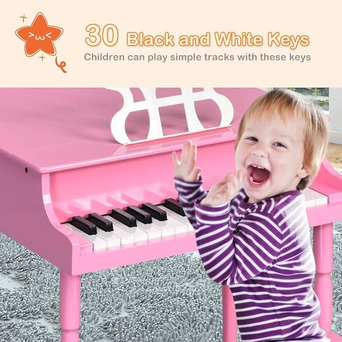 Costzon Classical Kids Piano, 30 Keys Wood Toy Grand Piano with Music Stand and Bench, Mini Musical Toy for Child, Ideal for Children's Room, Toy Room, Best Gifts (Straight Leg, Pink) in Saudi Arabia