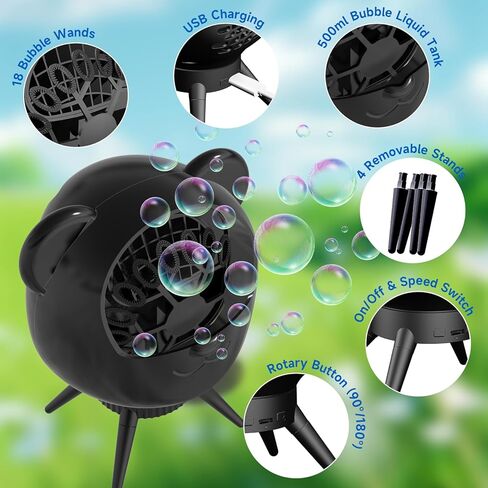 آلة الفقاعات للأطفال والحفلات-500 مل ، 38000+ فقاعات/دقيقة ، 90 درجة/180 درجة ، تصنيع تلقائي ، صانع الفقاعة القابل لإعادة الشحن ، منفاخ الفقاعات المحمولة لحفل زفاف عيد ميلاد داخلي في الهواء الطلق (أسود) in Kuwait