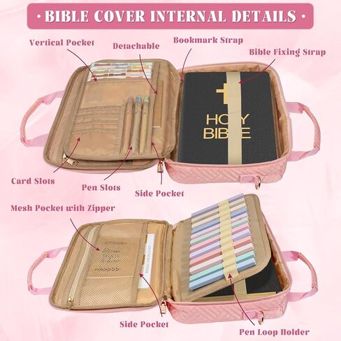 Bible Cover for Women & Bible Case Spacious Bible Bags for Women with Adjustable Shoulder Strap Bible Study Organizer Pink Bible Carrying Case with Highlighters Set Christian Gifts in Saudi Arabia