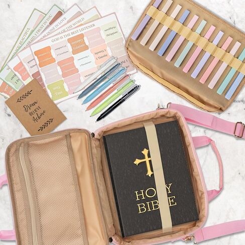 Bible Cover for Women & Bible Case Spacious Bible Bags for Women with Adjustable Shoulder Strap Bible Study Organizer Pink Bible Carrying Case with Highlighters Set Christian Gifts in Saudi Arabia