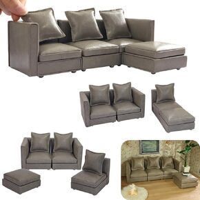 iLAND Dollhouse Furniture Miniature Sectional Couch Set for Doll House Décor Fit 1/12 Scale Accessories, Modern Brown Houndstooth Sofa Timeless & Classic