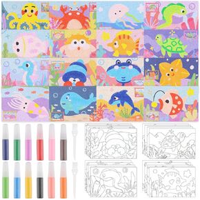 58 Pcs Ocean Animal Sand Art Kits DIY Ocean Craft Sand Painting Colored Sand Art Painting Cards Set Unfinished Cutouts Coloring Craft Kits for Arts Crafts Fun Home Activities School Class Rewards