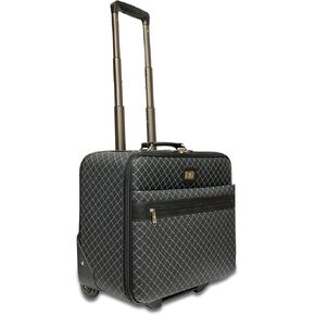 Rioni STB-20117 Signature RR Monogram Luxury Black Designer Canvas With Black Leather Trim Silver Tone Hardware Large Travel Laptop Briefcase Roller