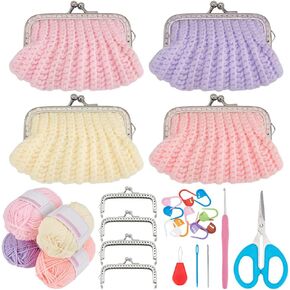 WEBEEDY 4 Sets DIY Crochet Square Coin Purse Kit Crochet Starter Kit with Video Instruction for Beginners Adults,Learn to Crochet Kits for Adults Knitting Supplies Christmas Decor Women Gifts