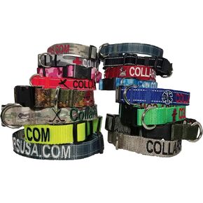 Personalized 1" Webbing Dog Collars with 1 Logo Customized on Camo and Solid Webbing.