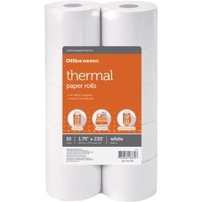 Office Depot Adding Machine Thermal Paper Rolls, 1 3/4in. x 230ft., White, Pack Of 10 Rolls, 554085