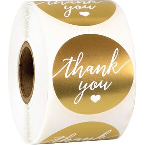 easykart labels 500 Thank You Label Sticker 1.5" Round with Gold and White Heart, Thank You Sticker Gold for Birthdays, Weddings, Giveaways, Bridal Showers (1 Roll)
