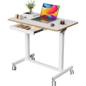 Mobile Standing Desk, 35inch Small Standing Table with Drawer, Height Adjustable Rolling Sit Stand White Portable Laptop Cart with Hidden Wheels or Lockable Casters