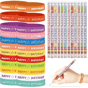 48 Pcs Happy Birthday Pencils Set 24 Happy Birthday Pencils for Students 24 Happy Birthday Silicone Bracelets Rubber Wristband Bulk Birthday Classroom Gifts (Modern)