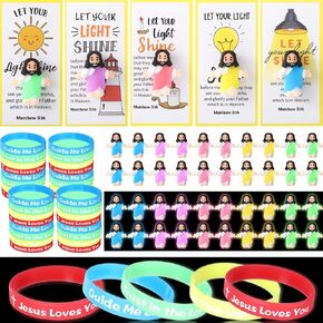 Barydat 50 Set Mini Christ Gifts Glow in The Dark Include 50 Mini Jesus Figures, 50 Silicone Wristbands, 50 Blessing Cards for Christ Party Favors Sunday School Gifts Religious Toys to Hide and Seek