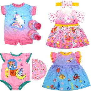 4 Set Doll Clothes, Baby Doll Clothes for 14 -18 Inch, 18 Inch Girl Doll Clothes Outfits and Accessories 7 Pcs Include Jumpsuit, Dresses, Headbands, Hats, Shoes (No Dolls)